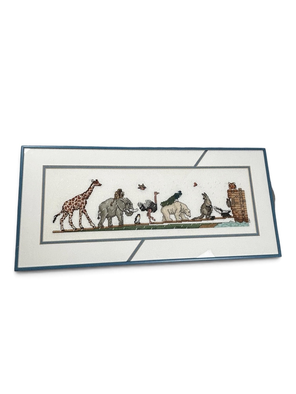 Framed Handmade Noah's Ark Cross Stitch Giraffe Elephant Polar Bear Wall Hanging